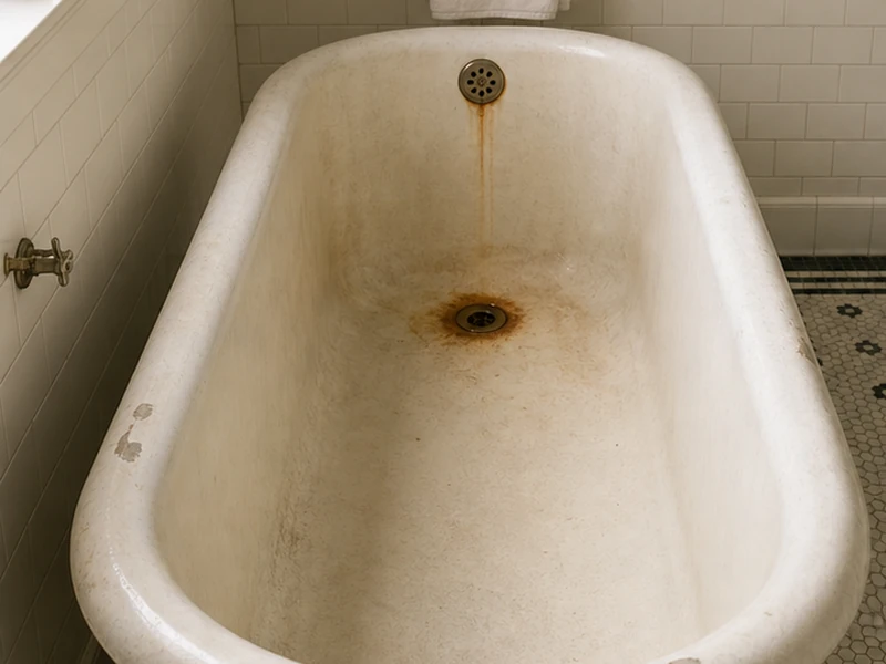 Worn cast-iron bathtub with rust stains and a dull finish in a Noe Valley home before reglazing, San Francisco