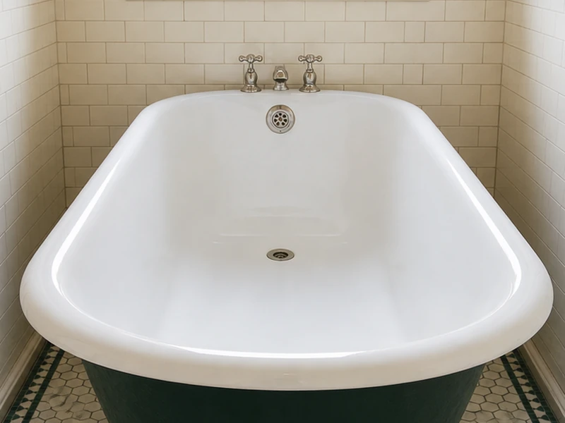 The same clawfoot tub after refinishing, glossy bright-white interior and clean feet, Noe Valley, San Francisco