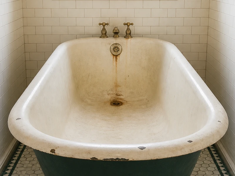 Worn antique clawfoot cast-iron tub with rust and chalky enamel before refinishing in a Noe Valley flat, San Francisco