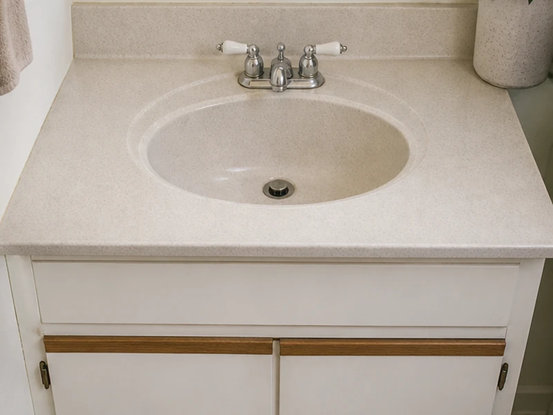 The same San Francisco vanity countertop after refinishing, recoated in a clean even neutral stone-look finish