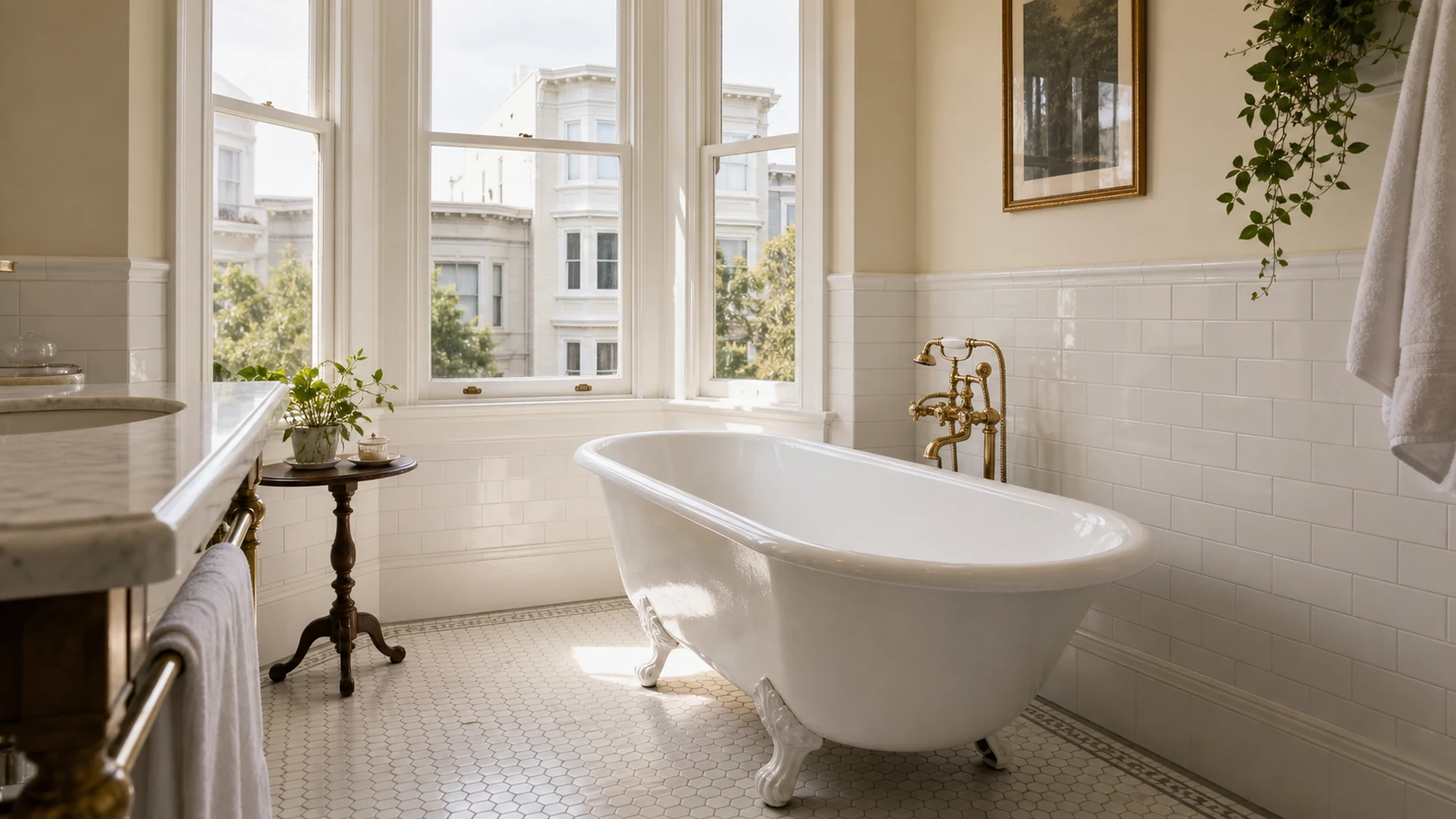 Restored glossy white clawfoot bathtub in a sunlit San Francisco Edwardian bathroom