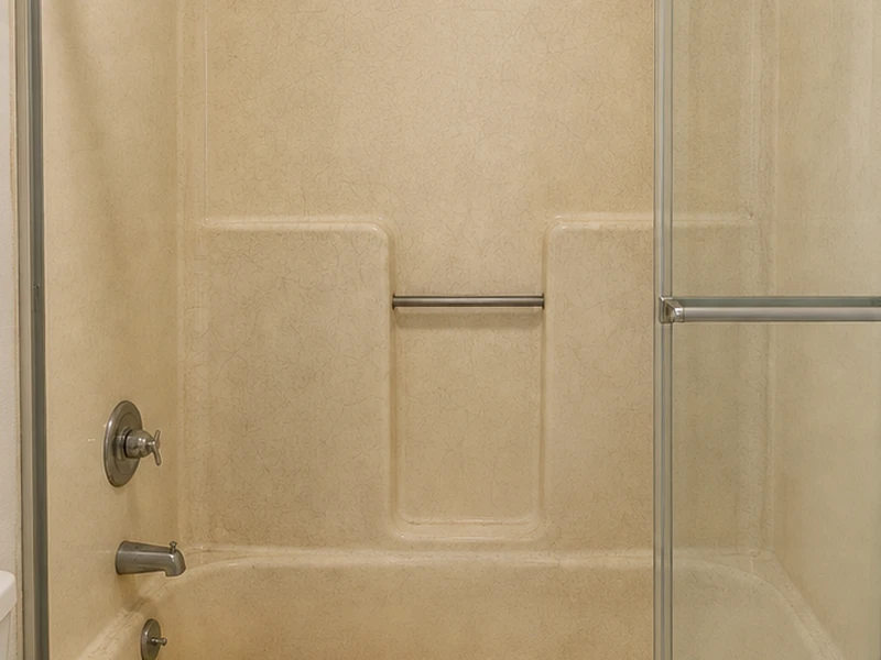 Yellowed, crazed fiberglass tub-and-shower unit with soap-scum staining in an Outer Sunset apartment before refinishing, San Francisco