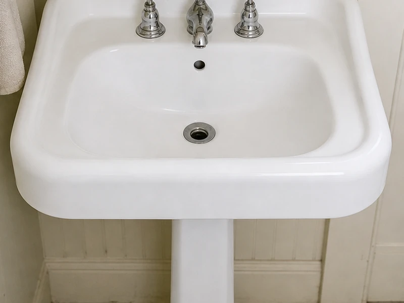 The same Mission pedestal sink after reglazing, restored to a smooth glossy bright-white finish, San Francisco